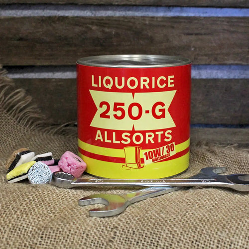 Retro oil can design filled with classic liquorice allsorts