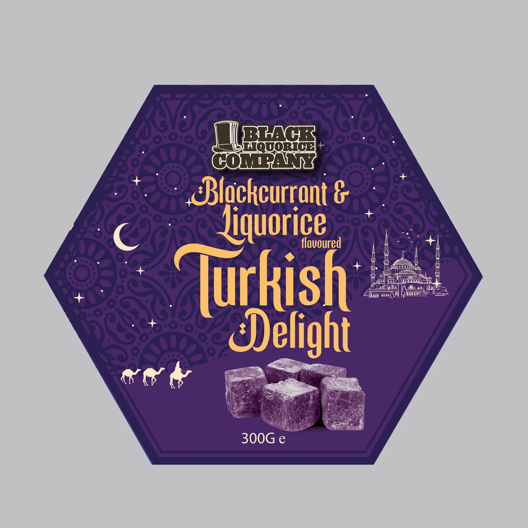 BLACKCURRANT COATED LIQUORICE TURKISH DELIGHT